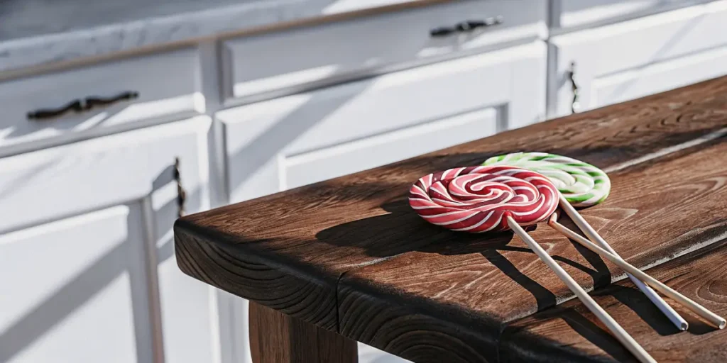 Colorful THC lollipops resting on a rustic wooden kitchen counter in natural sunlight.