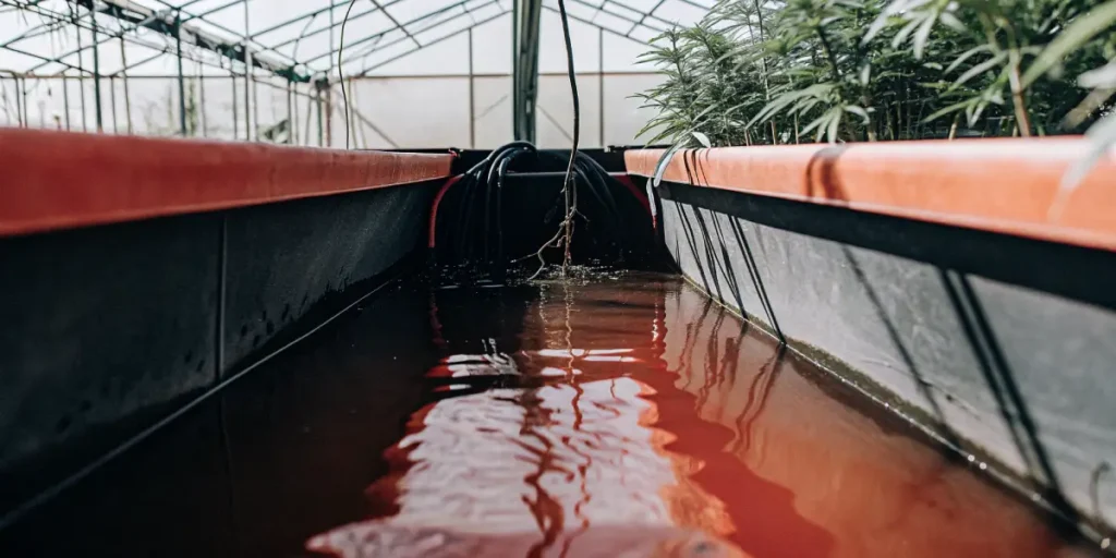 Close-up of contaminated hydroponic water in a greenhouse cannabis grow system with plant roots submerged in murky nutrient solution.