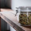 Cured cannabis buds stored in a sealed glass jar placed on a wooden shelf in a storage room.