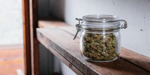 Cured cannabis buds stored in a sealed glass jar placed on a wooden shelf in a storage room.