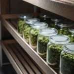 Cured cannabis buds stored in sealed glass jars arranged on a wooden shelf in a dark storage room.