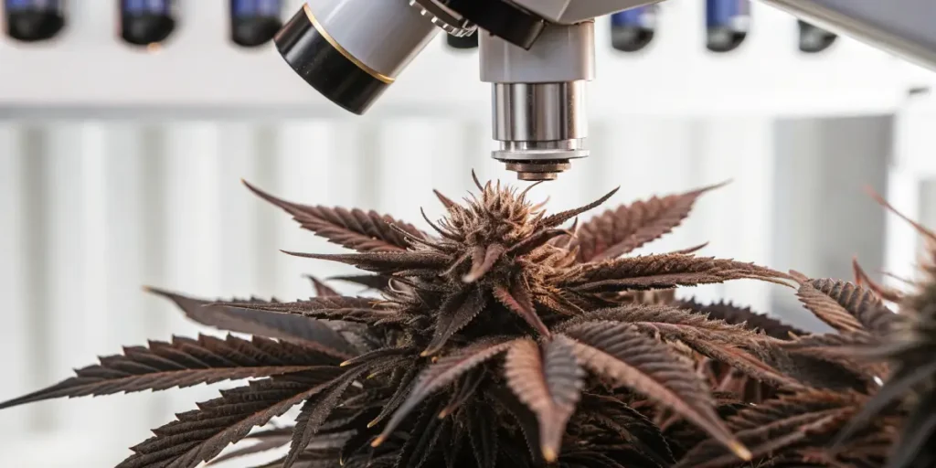 Dark-colored cannabis flower inspected under a microscope during quality control testing.