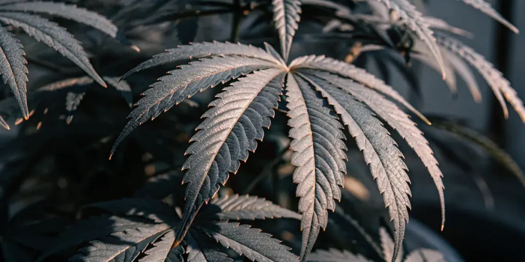 Close-up of dark cannabis leaves with detailed serrated edges and textured surface under soft indoor lighting.