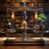 Defending the seed U.S. cannabis regulations concept with scales, gavel, cannabis seed, and young cannabis plant in a law library.