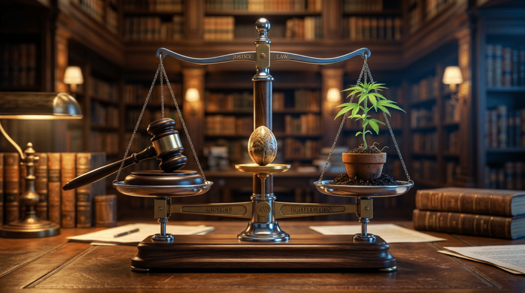 Defending the seed U.S. cannabis regulations concept with scales, gavel, cannabis seed, and young cannabis plant in a law library.