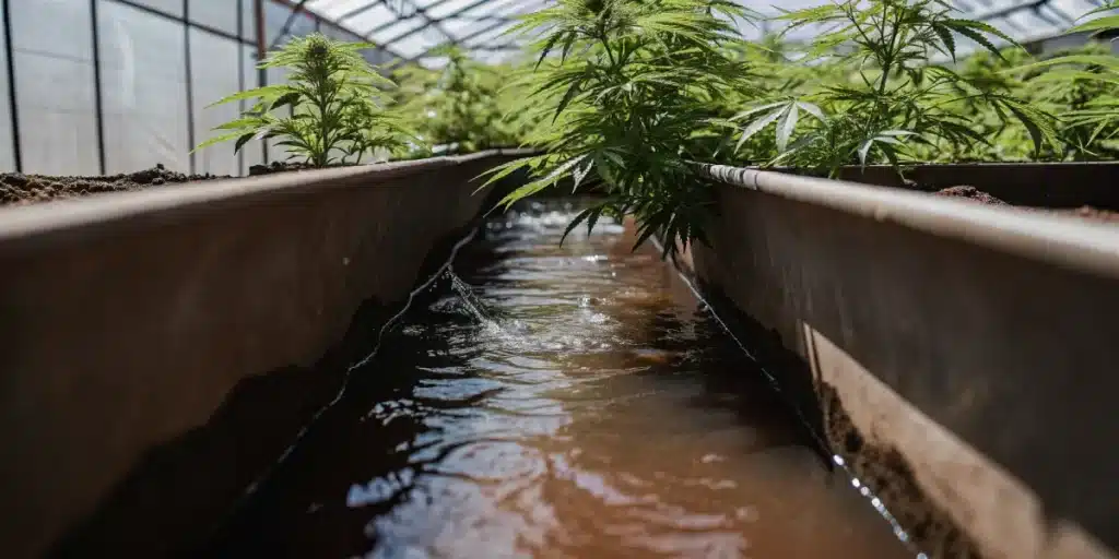 Cannabis plants growing in a greenhouse with dirty irrigation water flowing through a narrow cultivation channel.