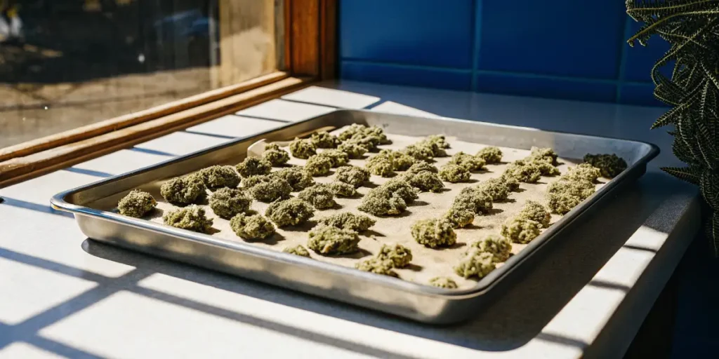 Multiple cannabis buds spread across a large stainless steel baking sheet lined with parchment paper, illuminated by natural sunlight indoors.