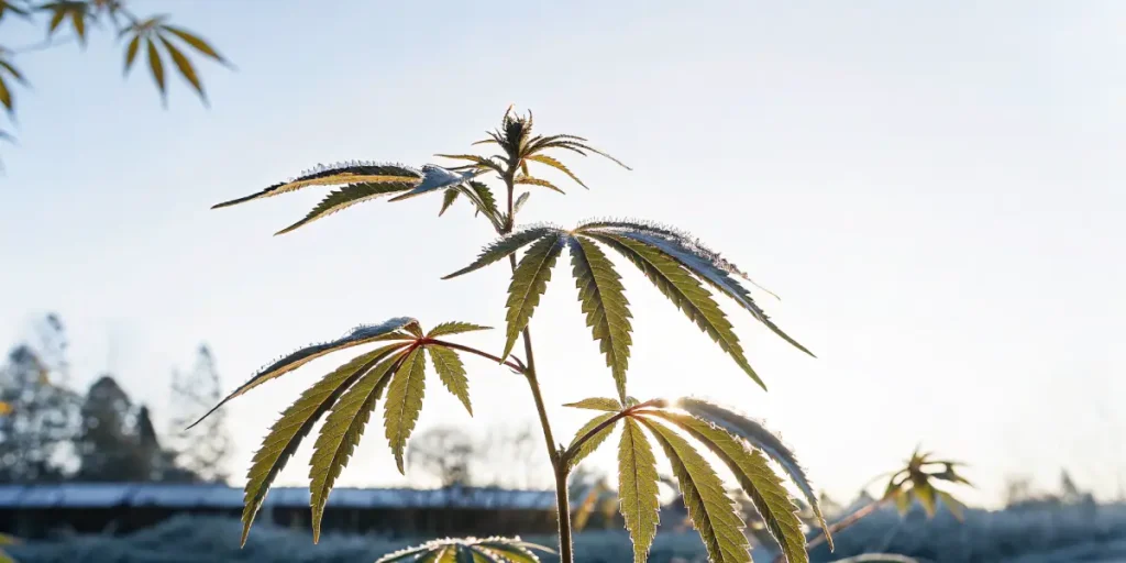 Young cannabis plant covered in morning dew illuminated by sunrise in an outdoor cultivation setting