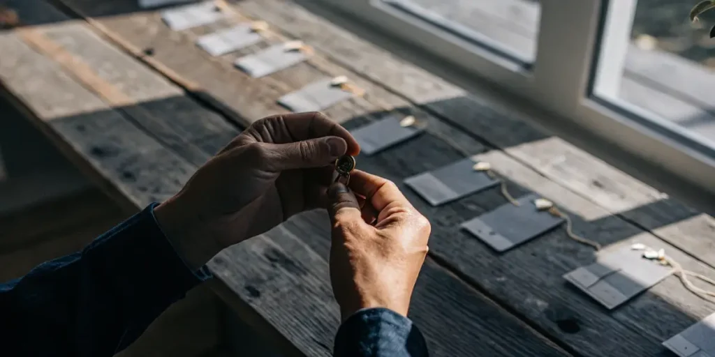 Hands examining a cannabis seed on a wooden table with labeled samples in the background