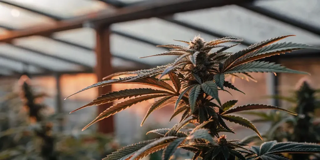 Flowering cannabis plant with mature buds inside a greenhouse during golden sunset light.