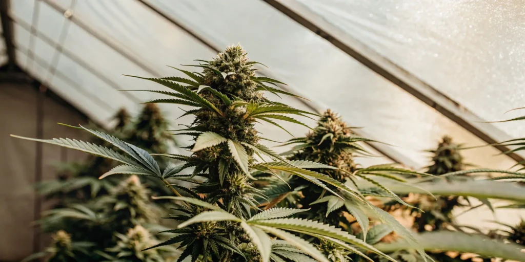 Flowering cannabis plants growing in rows inside a greenhouse with diffused natural light.