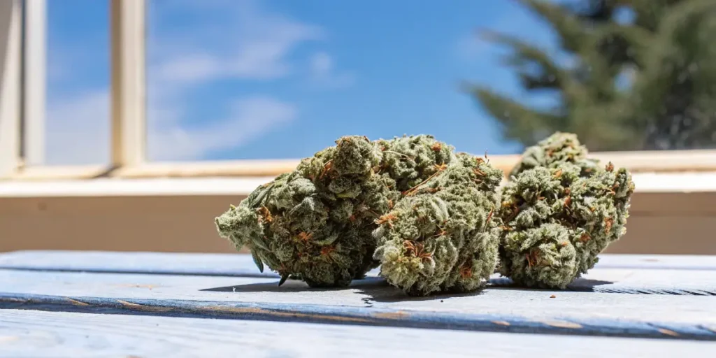 Fresh green cannabis buds resting on a wooden table near a sunlit window, showcasing dense trichomes and vibrant orange pistils.