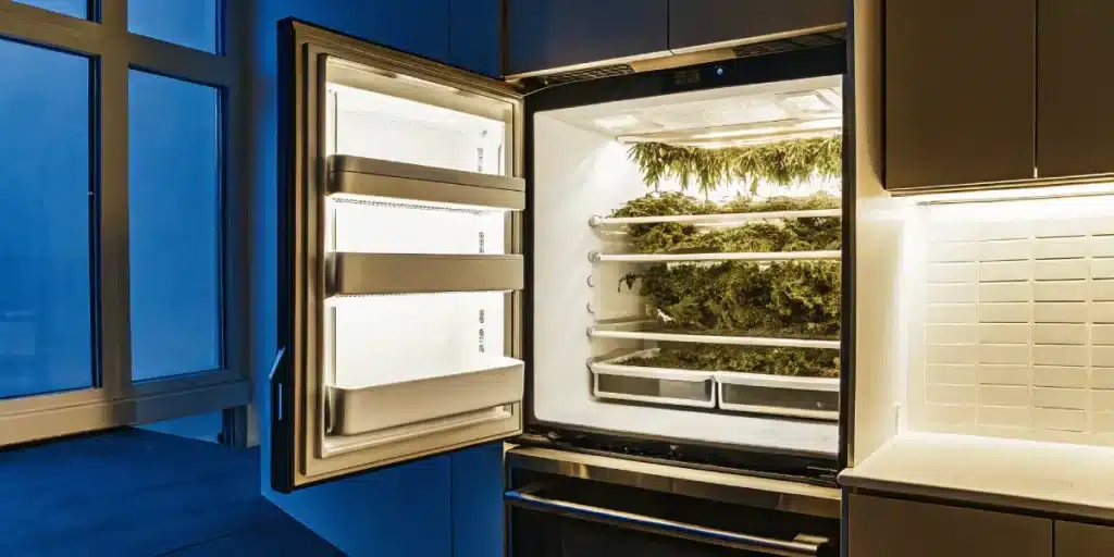 Cannabis buds arranged on drying racks inside a refrigerator, illustrating a low-temperature curing technique that slows drying, improves aroma retention, and enhances final bud quality.