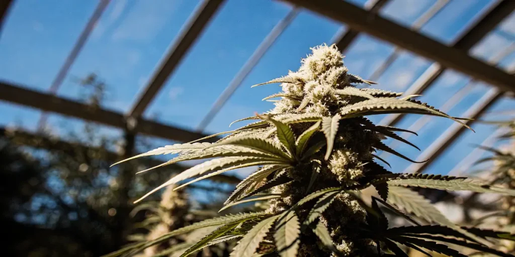 Frosty cannabis bud growing in a greenhouse under a clear blue sky.