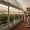 Scientists in protective suits inspecting cannabis plants inside a futuristic desert greenhouse.