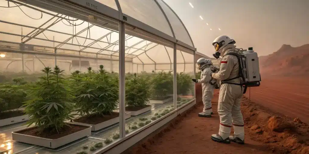 Scientists in protective suits inspecting cannabis plants inside a futuristic desert greenhouse.