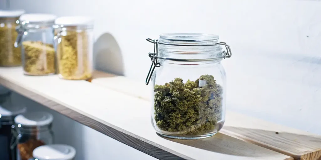 Glass jar filled with dried cannabis buds placed on a wooden shelf in a clean storage space.