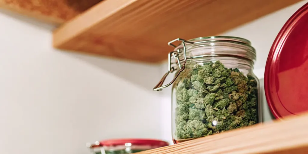 A glass jar containing cured cannabis buds placed on a wooden shelf, illustrating proper storage techniques to preserve freshness, aroma, and potency.
