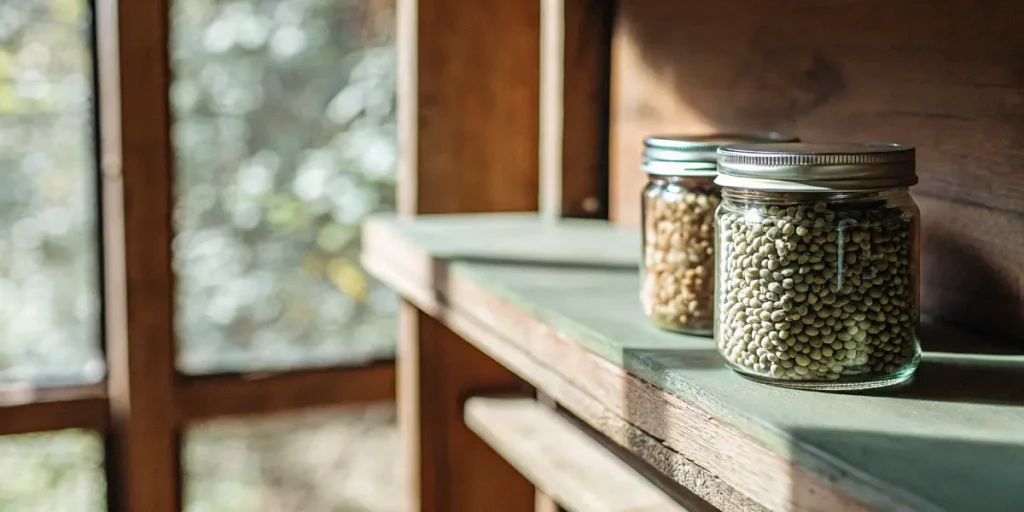 Multiple glass jars containing cannabis seeds arranged on wooden shelves in a storage room.