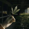 Gloved hand holding a single cannabis leaf inside a controlled indoor laboratory environment.