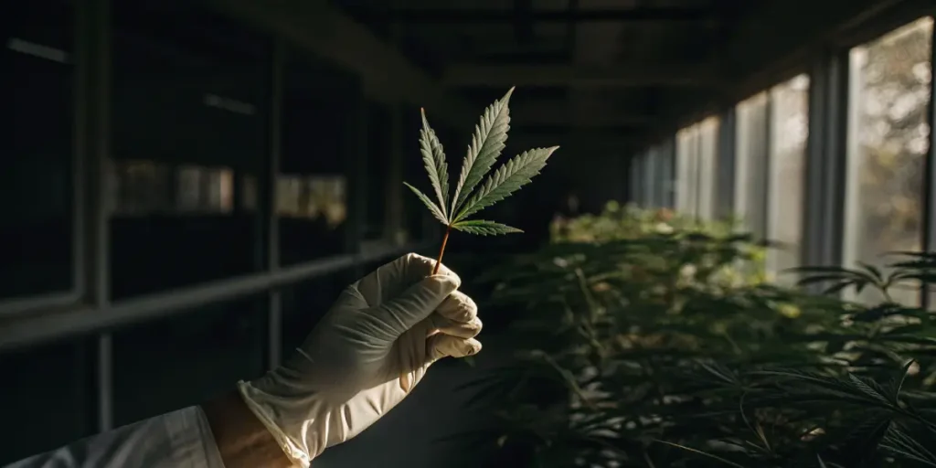 Gloved hand holding a single cannabis leaf inside a controlled indoor laboratory environment.