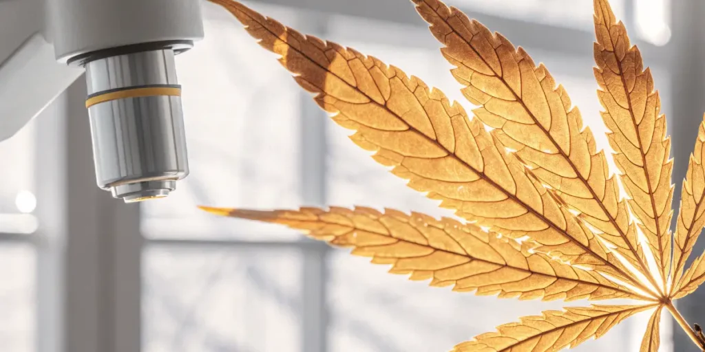 Golden cannabis leaf under microscope inspection revealing detailed vein structure and plant tissue.