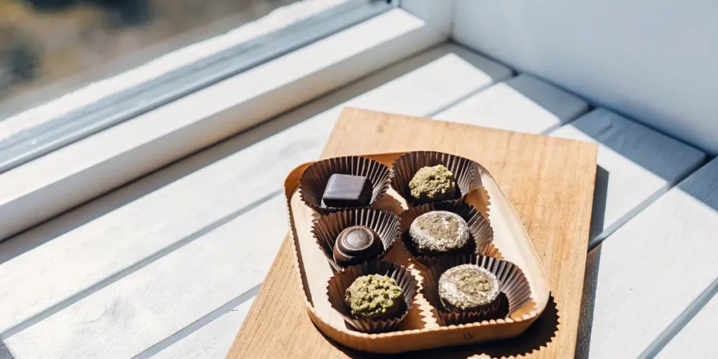 Assortment of gourmet weed-infused chocolates in paper cups placed on a wooden board by a window.
