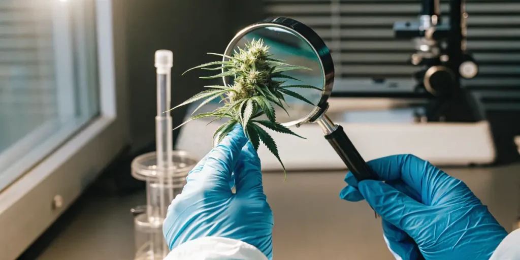 Gloved hands examining a healthy green cannabis bud with a magnifying glass in a modern laboratory.
