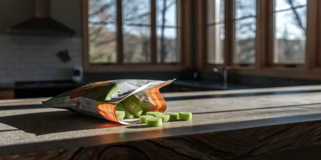 Green cannabis gummy edibles scattered from an opened retail package on a stone kitchen countertop with warm window light in the background.