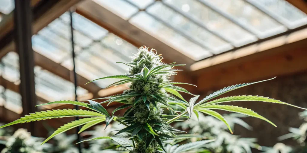 Healthy green cannabis plant with dense buds growing in a greenhouse environment