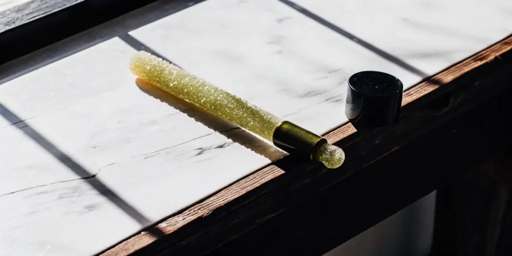 Green THC-infused lollipop resting on a marble surface with natural light and a dropper cap nearby.