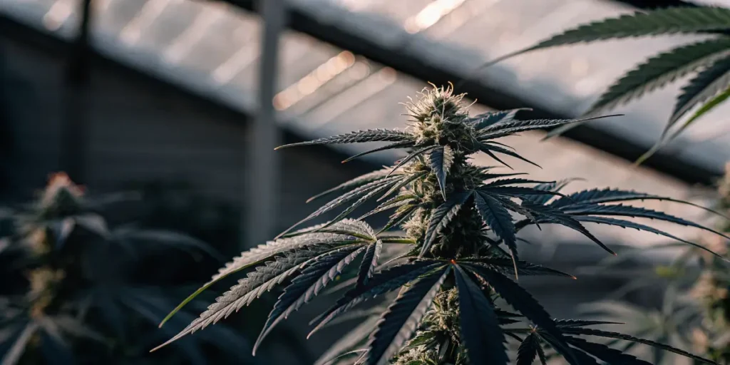 Close-up of a cannabis plant in the flowering stage growing inside a greenhouse under natural light.