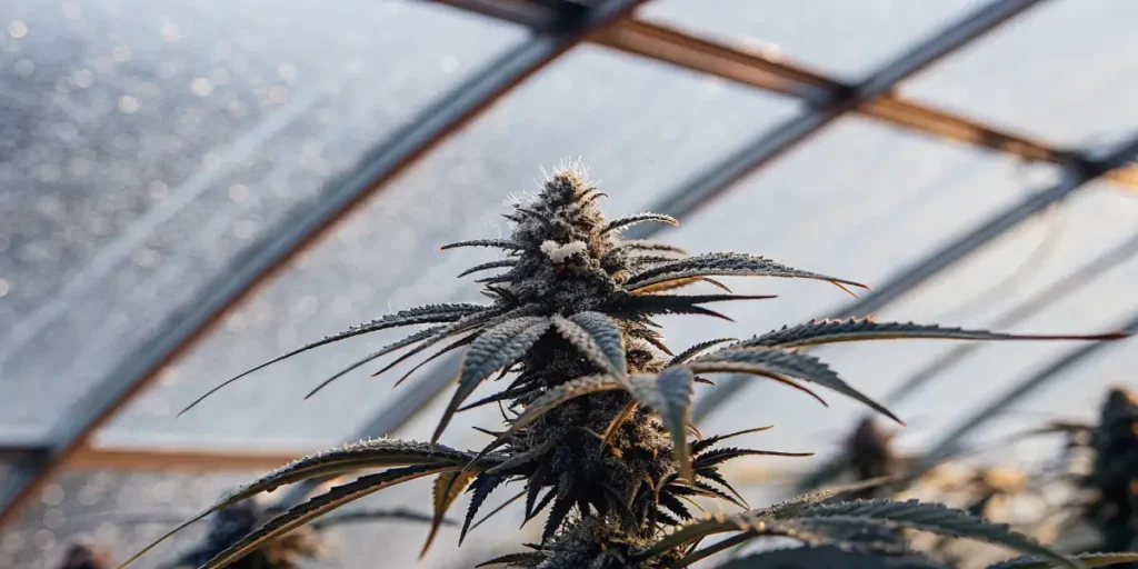 Greenhouse cannabis plant with frosty buds and trichome-covered leaves under soft morning light