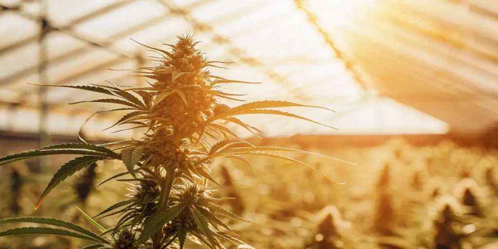 A flowering cannabis plant inside a greenhouse, showing dense, harvest-ready buds exposed to bright natural light for optimal growth and potency.