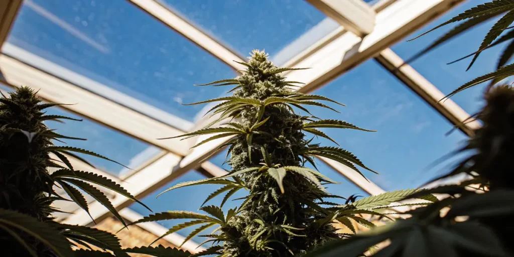 Tall cannabis plant in flowering stage growing inside a greenhouse under a glass roof with natural sunlight.