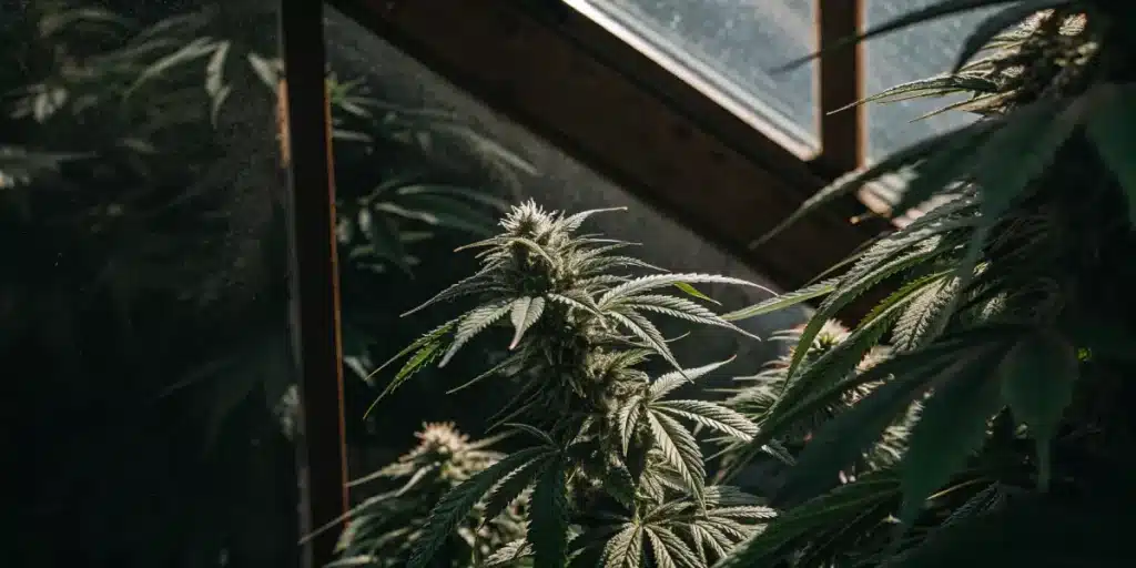 Cannabis plant growing inside a greenhouse with natural sunlight filtering through glass panels.