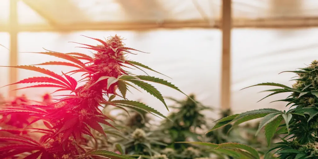 Flowering cannabis plant inside a greenhouse illuminated by warm red light during late growth stage.