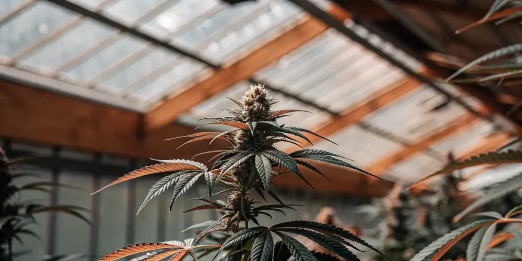 Cannabis plant with dark purple leaves growing inside a sunlit greenhouse during the flowering stage.