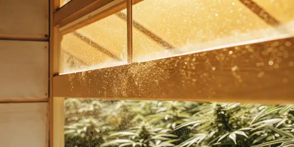 Close-up of greenhouse window with floating dust particles illuminated by golden sunlight above cannabis plants in cultivation.