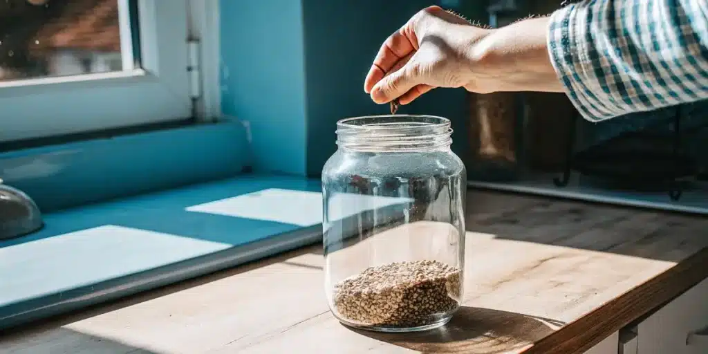 Hand adding cannabis seeds into a glass jar for long-term storage on a wooden surface.