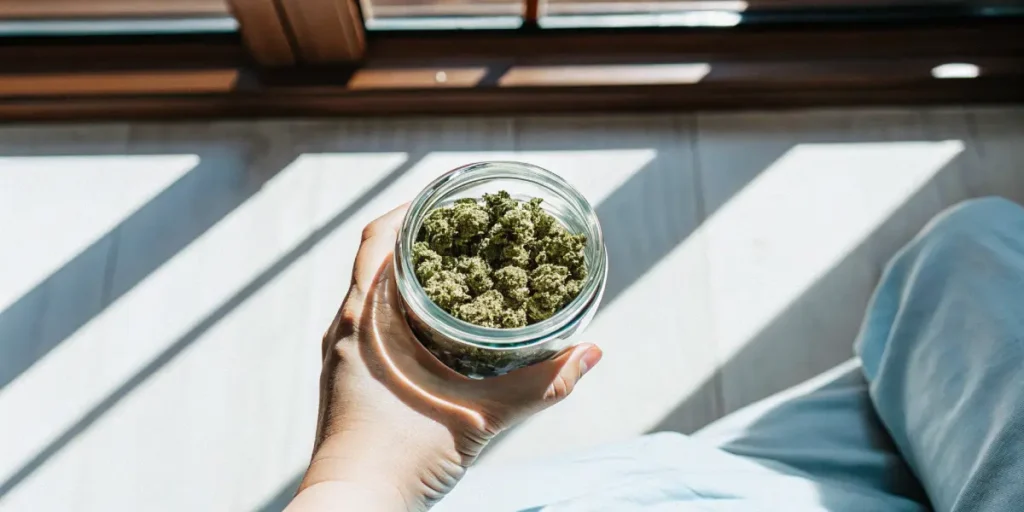 Hand holding a glass jar filled with cannabis buds under natural sunlight near a window.