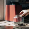 Hand placing cured cannabis buds into a glass jar for proper storage and curing near a window.