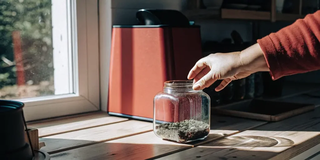 Hand placing cured cannabis buds into a glass jar for proper storage and curing near a window.