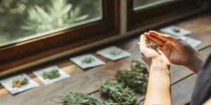 Hands carefully sorting dried cannabis herbs on a wooden table near a window with natural light