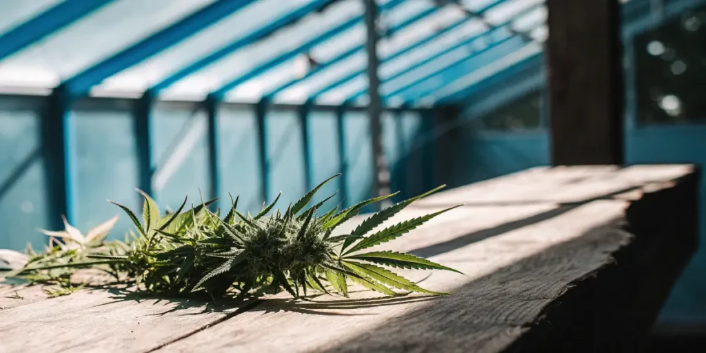 Harvested cannabis branch lying on a wooden surface inside a greenhouse with diffused sunlight.