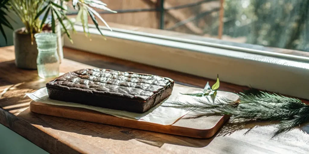 Homemade cannabis brownie on a wooden board near a window, illuminated by warm natural sunlight.