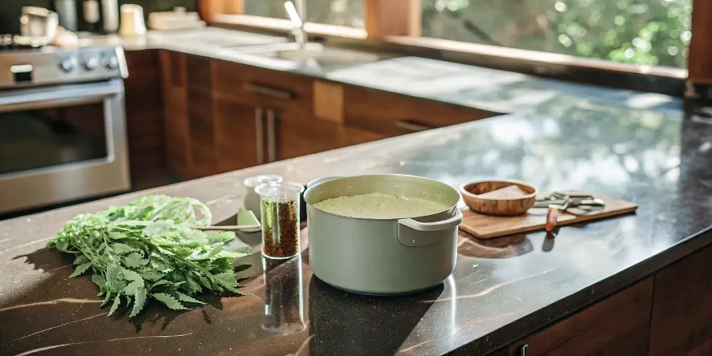 Large pot of homemade cannabis butter on a kitchen counter next to fresh cannabis leaves and seasoning jars in natural light.