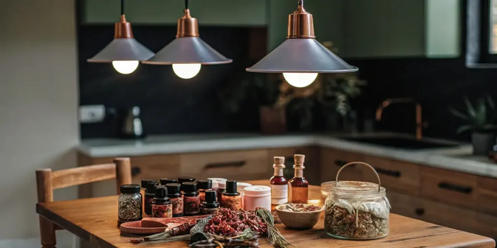 A rustic kitchen scene featuring homemade cannabis infusions, dried herbs, and preserved ingredients, showcasing small-batch preparation and artisanal cannabis processing.