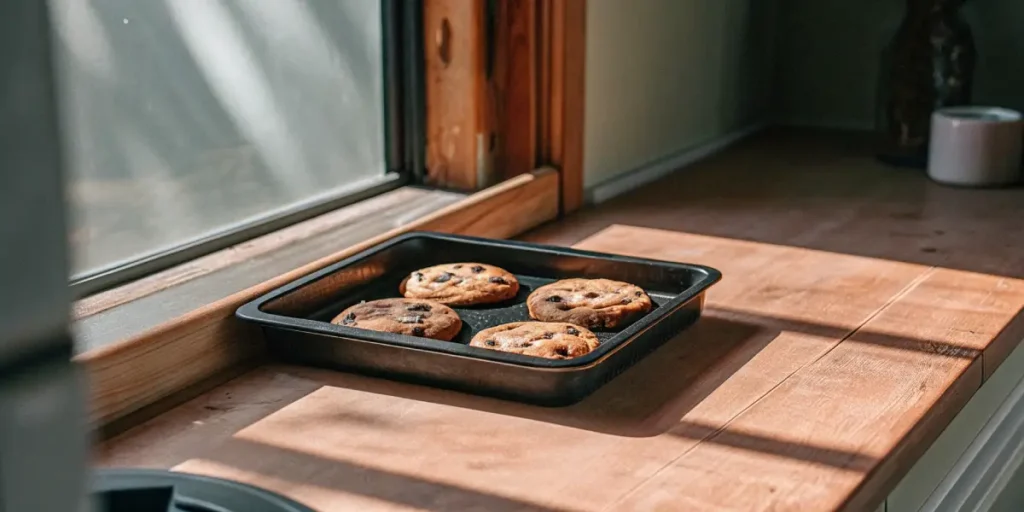 Homemade weed cookies cooling in a black baking pan on a wooden countertop near a window.