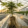 Cannabis plant with exposed roots growing in hydroponic system inside greenhouse.